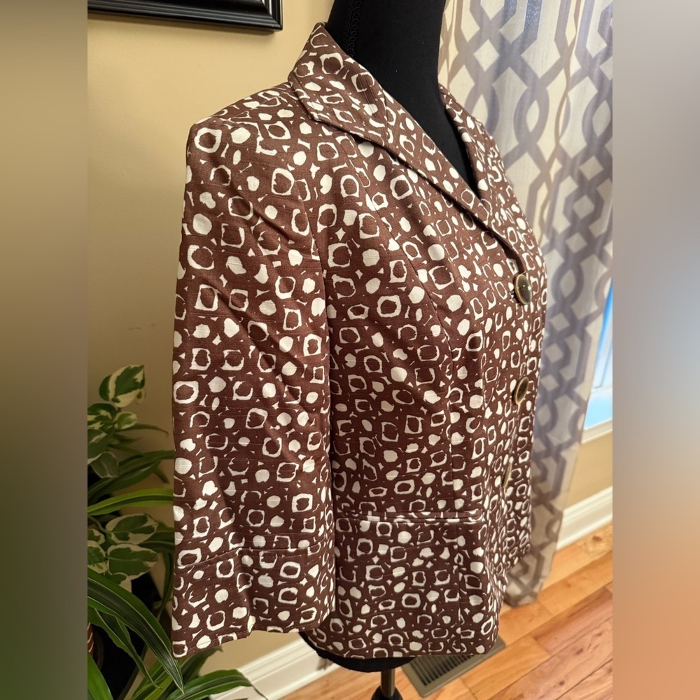 Lafayette 148 Blazer Women's Size 6 Brown Ivory Jacket 3/4 Sleeve Button Cotton - Picture 4 of 15